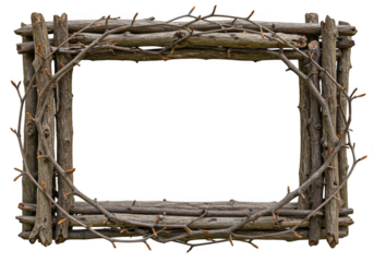 Rustic wooden frame made of natural branches and twigs, isolated on transparent background