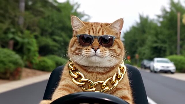 Cool cat driving a car wearing sunglasses and gold chain