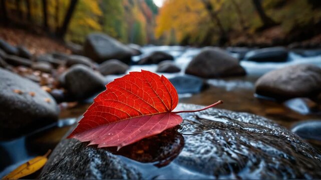 A single red leaf sits atop a rock beside a peaceful river