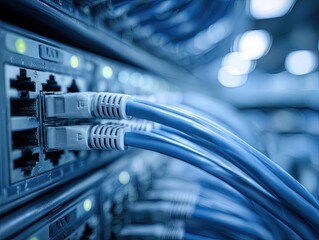 Network switch with blue cables.  Close-up view of network jacks and cables.  Server rack in the background