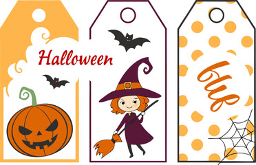 Three halloween themed tags featuring a pumpkin, witch with broom, and boo with spiderweb design elements