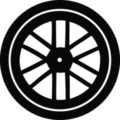 Fototapeta premium A stark black and white graphic illustration of a stylized ancient chariot wheel with six spokes and a central hub evoking historical transport