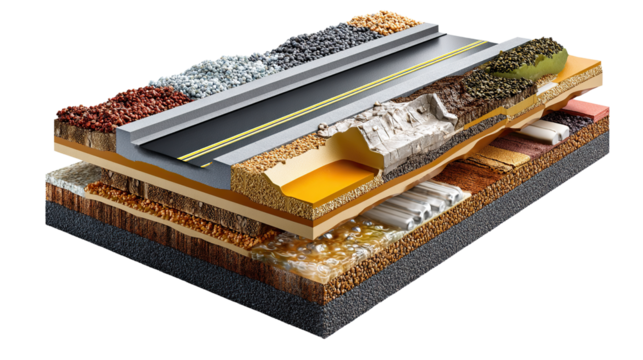 Layered road construction illustration: A detailed cross-section unveils the intricate layers of road construction. This graphic illustrates the foundational components of a road.
