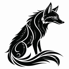 Stylized black fox sitting, isolated on white background