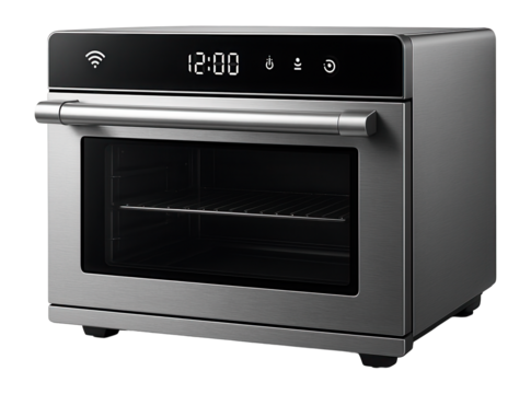 Modern stainless steel countertop oven with digital display and WiFi connectivity, featuring a sleek handle and interior rack on transparent background.