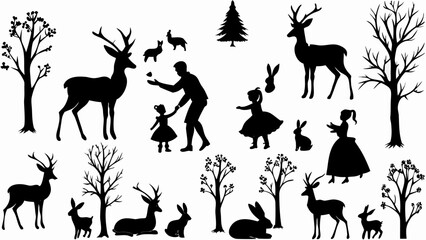 Fototapeta premium Silhouette scene with deer, rabbits, trees, a christmas tree, and people in a whimsical setting