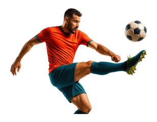Athletic male soccer player in motion, wearing a red shirt and blue shorts, skillfully kicking a soccer ball on transparent background.
