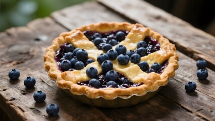 Homemade Blueberry Pie with Fresh Berries on Rustic Wooden Table