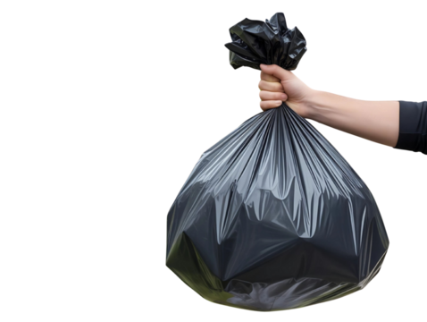A hand holding plastic garbage bag on transparent background 