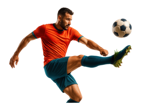 Athletic male soccer player in motion, wearing a red shirt and blue shorts, skillfully kicking a soccer ball on transparent background.