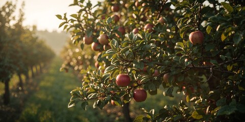 A close up of an apple tree with many red apples growing, orchard stretching into the distance