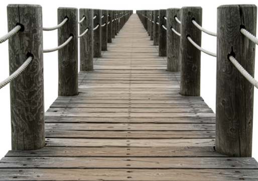 A long perspective view of a wooden pier with ropelined posts, isolated on a transparent background