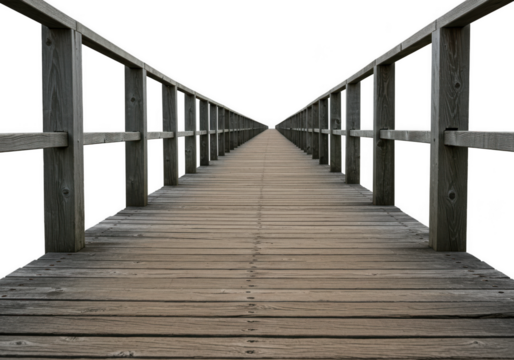 A long, weathered wooden pier with railings leading into the distance, isolated on a transparent background
