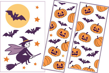 Fototapeta premium Illustration of a witch on a broomstick with bats, pumpkins and stars for halloween celebration