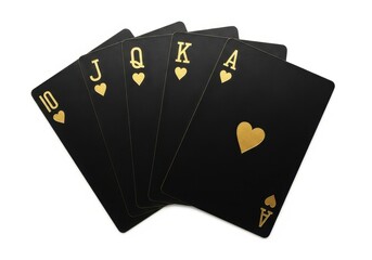 Black and gold royal flush of hearts playing cards isolated on white background