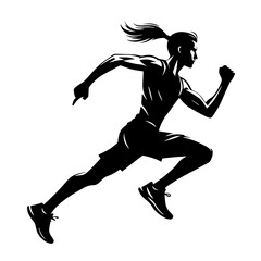 Black and white vector silhouette of a athlete running on white background