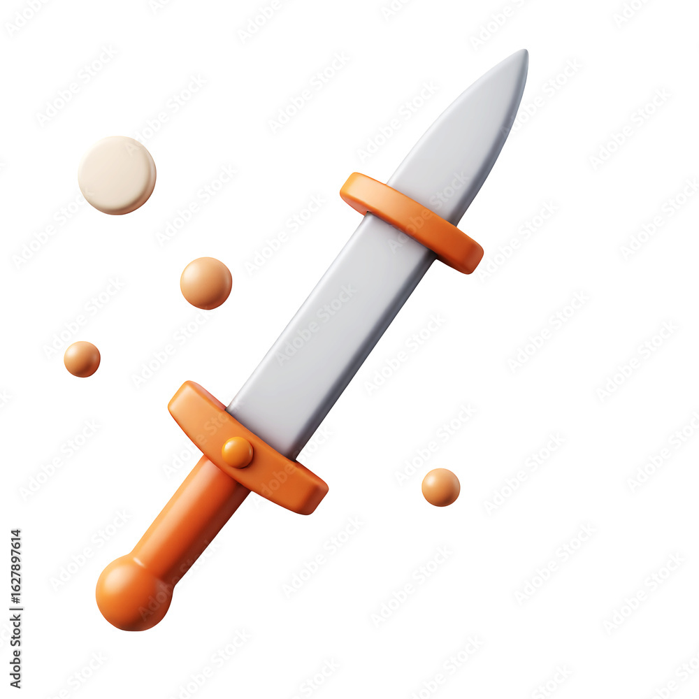 Poster a stylized cartoon sword with an orange handle and guard floating with small spheres around it on tr