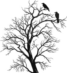 Obraz premium Eerie silhouette of barren tree with ravens perched on branches against white backdrop, perfect for Halloween designs and gothic art projects