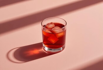 Minimalist Negroni in transparent rocks glass on pastel backdrop, long shadow, commercial drink styling.