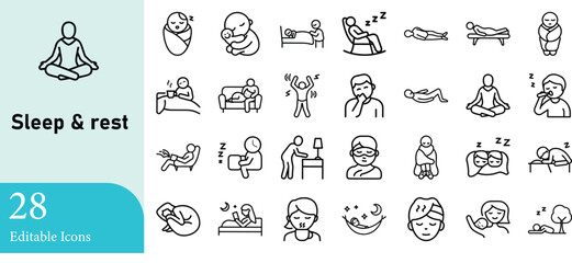 A comprehensive set icon collection illustrating various aspects of sleep and rest activities including yoga positions and relaxation techniques