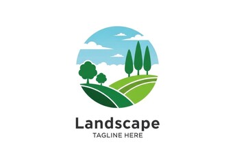 Fototapeta premium Green rolling hills landscape with trees and blue sky, circular nature park icon, vector illustration isolated PNG with Transparent Background