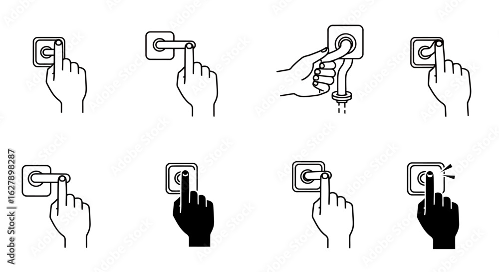 Aufkleber collection of hand icons interacting with a flush lever or button on a toilet, presented in a clean 