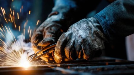 Hands in gloves skillfully welding metal, sparks flying, showcasing craftsmanship