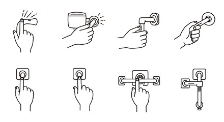 Various hand gestures interacting with door handles, push buttons, and pull mechanisms are depicted in a clean, minimalist vector line art style.