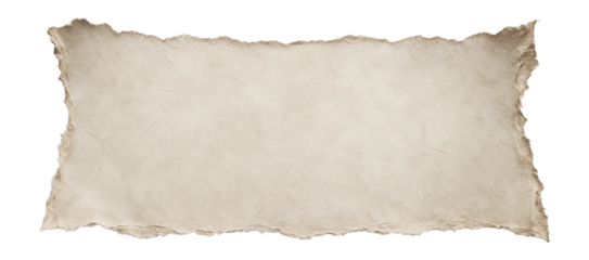 A textured sheet of vintage parchment paper with torn edges on transparent background.