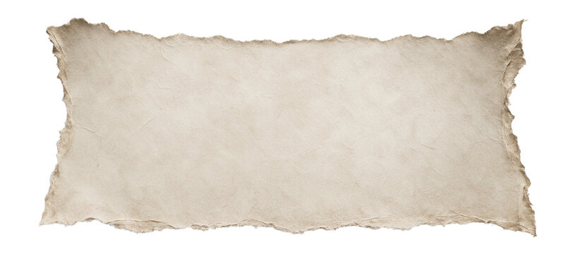 A textured sheet of vintage parchment paper with torn edges on transparent background.