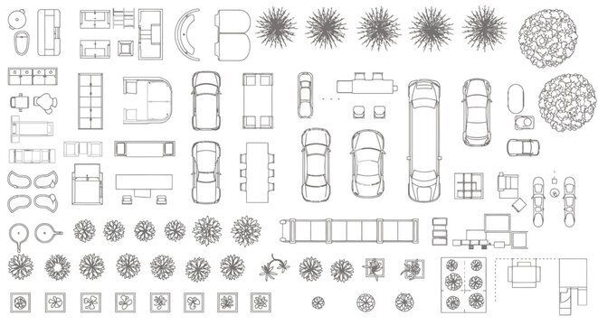 A top-down vector illustration presents a collection of architectural elements, including furniture, vehicles, and trees, rendered in a clean, minimalist line style for design use.