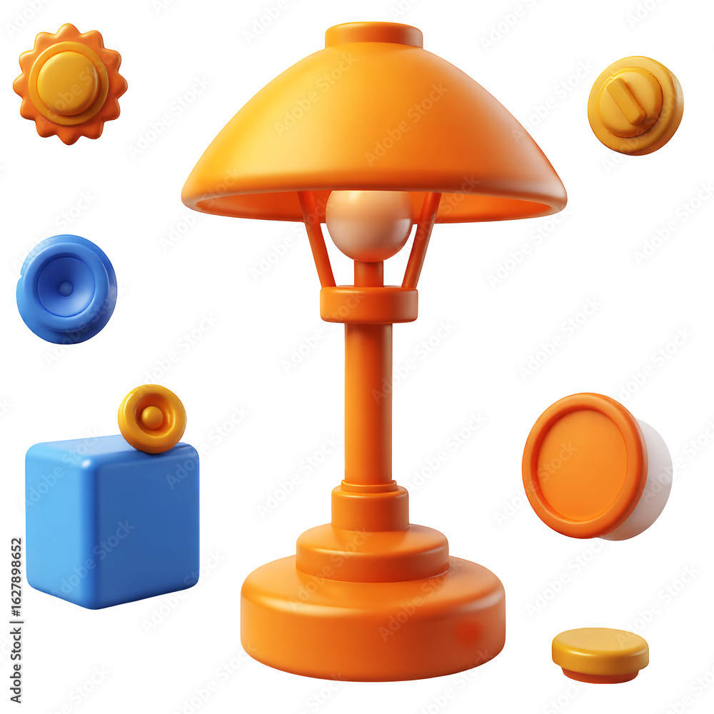 Poster a stylized rendering of an orange lamp surrounded by various geometric shapes on transparent backgro