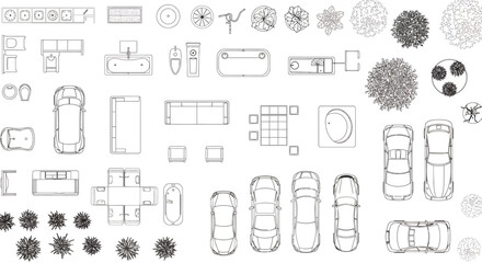 A comprehensive collection of top-down vector line drawings depicting various architectural elements like furniture, vehicles, and trees for floor plan designs.