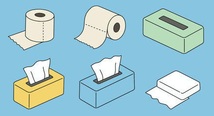A set of isometric vector illustrations featuring rolls of toilet paper and tissue boxes, perfect for hygiene and home care concepts.