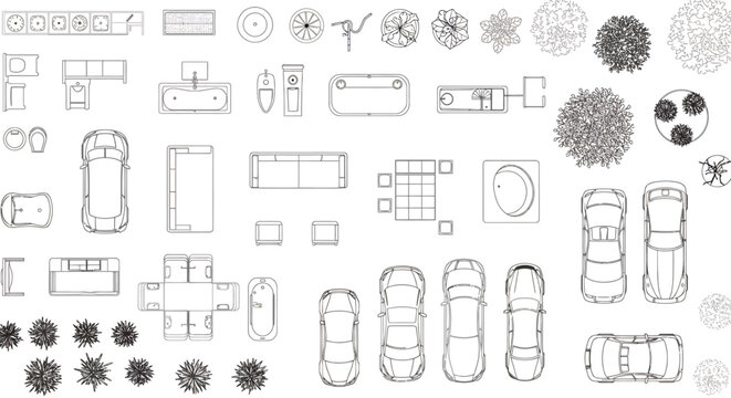 A comprehensive collection of top-down vector line drawings depicting various architectural elements like furniture, vehicles, and trees for floor plan designs.