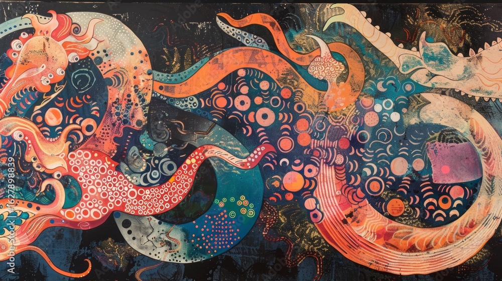 Poster the image showcases an abstract, psychedelic design with intricate patterns and bold shapes