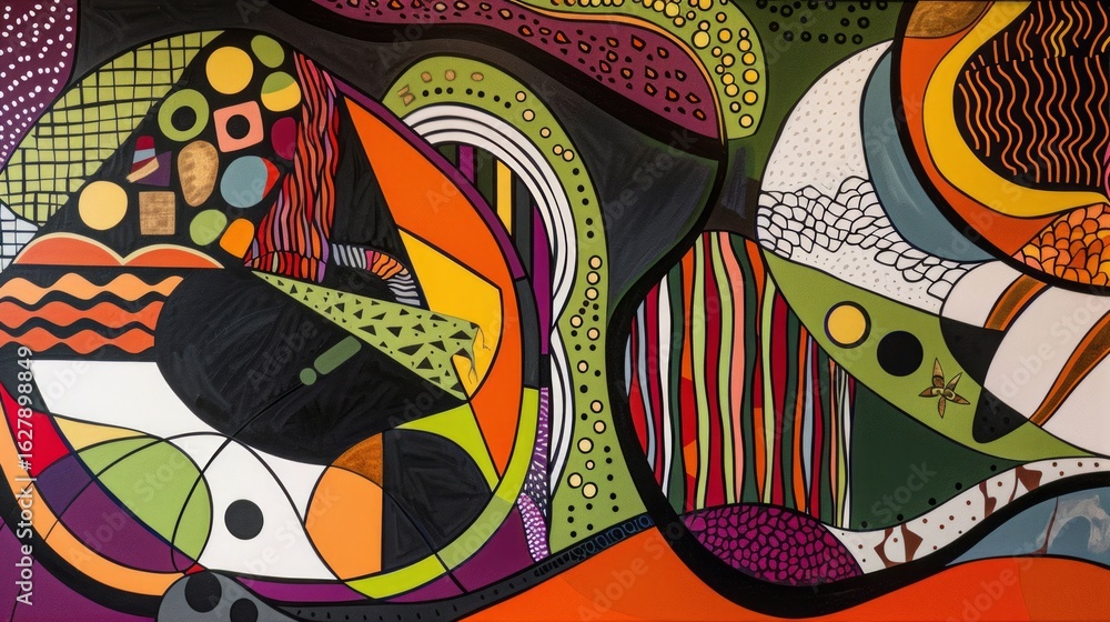 Poster the image showcases an abstract, psychedelic design with intricate patterns and bold shapes