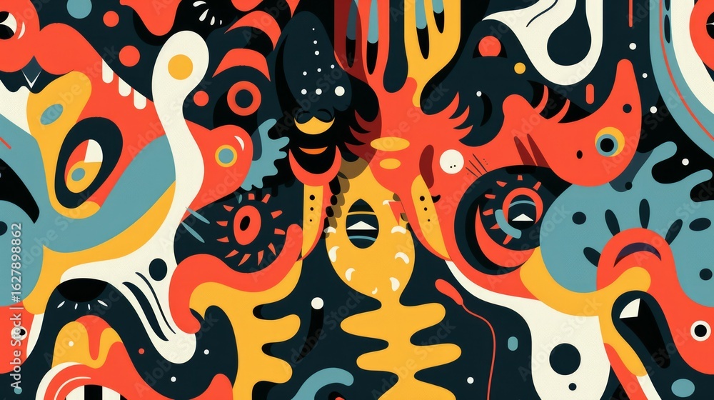 Poster the image showcases an abstract, psychedelic design with intricate patterns and bold shapes
