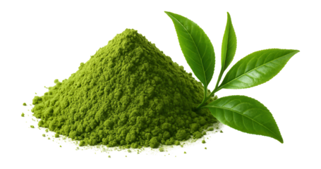 Pile of vibrant green matcha tea powder with fresh tea leaves on transparent background.