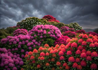 Colorful Rhododendron Flowers in Full Bloom on a Scenic Mountain Landscape