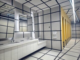.A modern public restroom featuring a clean white sink counter, bright lighting, yellow stall doors, and a contemporary geometric interior design with stylish mirrors and tiled walls.
