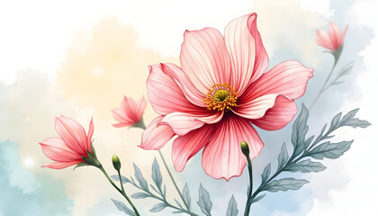 Floral Watercolor Painting with Pink Flowers and Green Leaves