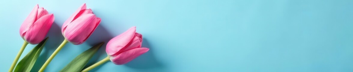 Naklejka premium Pink tulips, minimalist blue & pink background Top view, copy space , wallpaper, copy space, card