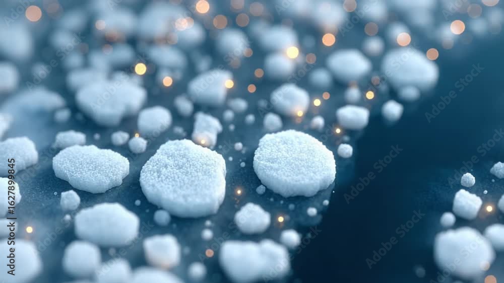Poster close-up of water droplets on surface, sparkling with light reflections, creating depth