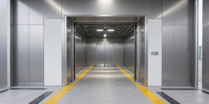 Freight Elevator Industrial A large industrial freight elevator with brushed metal walls and a yellow safety line painted around its