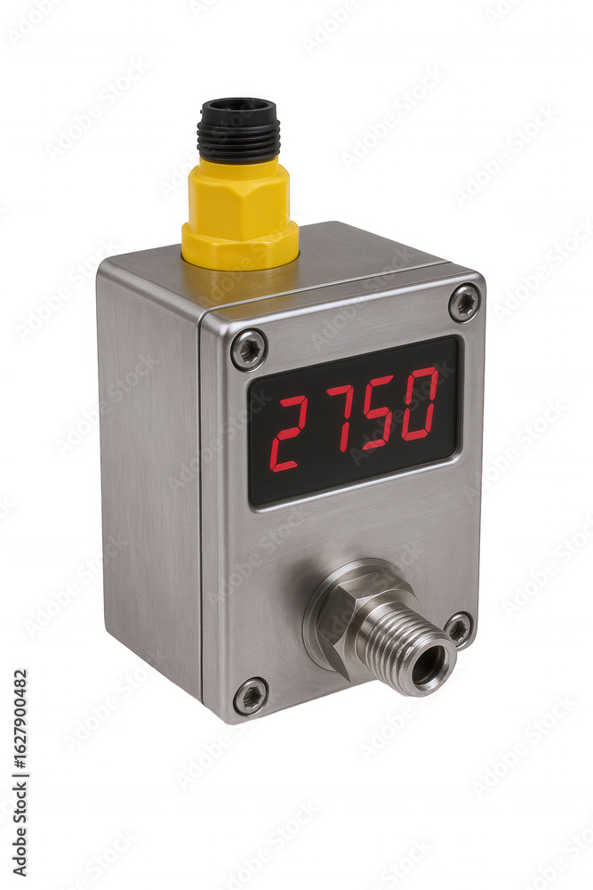Poster industrial pressure sensor with digital display and yellow connector for measurement and monitoring 