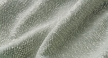 Close-up of translucent woven fabric texture with intricate patterns and soft folds, showcasing a delicate and detailed weave design for textile backgrounds or design applications.