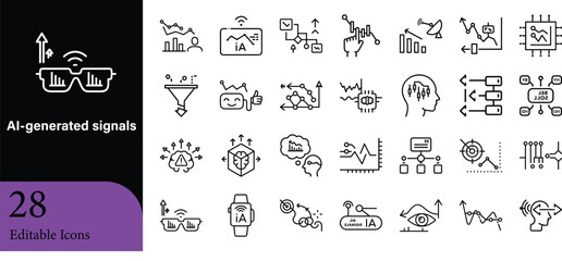 Collection of twenty eight ai generated signals represented in simple and clean vector icons with editable designs on a black background