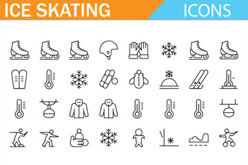 Icon set for ice skating activities with snow, helmets, and sports apparel