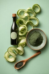Spirulina powder and green smoothie ingredients on green background for healthy living